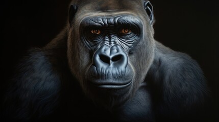 Obraz premium a close up of a gorilla's face with an intense look on it's face and in the background, a dark background is a black backdrop with a black backdrop.