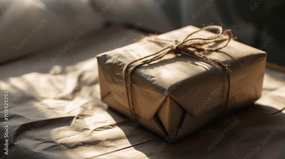 Poster a wrapped present box sitting on top of a sheet of paper on top of a white sheet of paper with a kno
