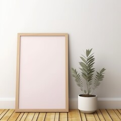 Minimalist Composition: Empty Square Frame Next to a Potted Plant on the Floor