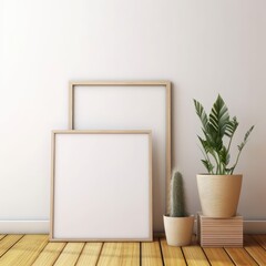 Minimalist Composition: Empty Square Frame Next to a Potted Plant on the Floor