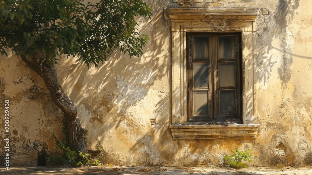 Poster a window on the side of a building with a tree in front of it and a shadow of a tree on the side of 