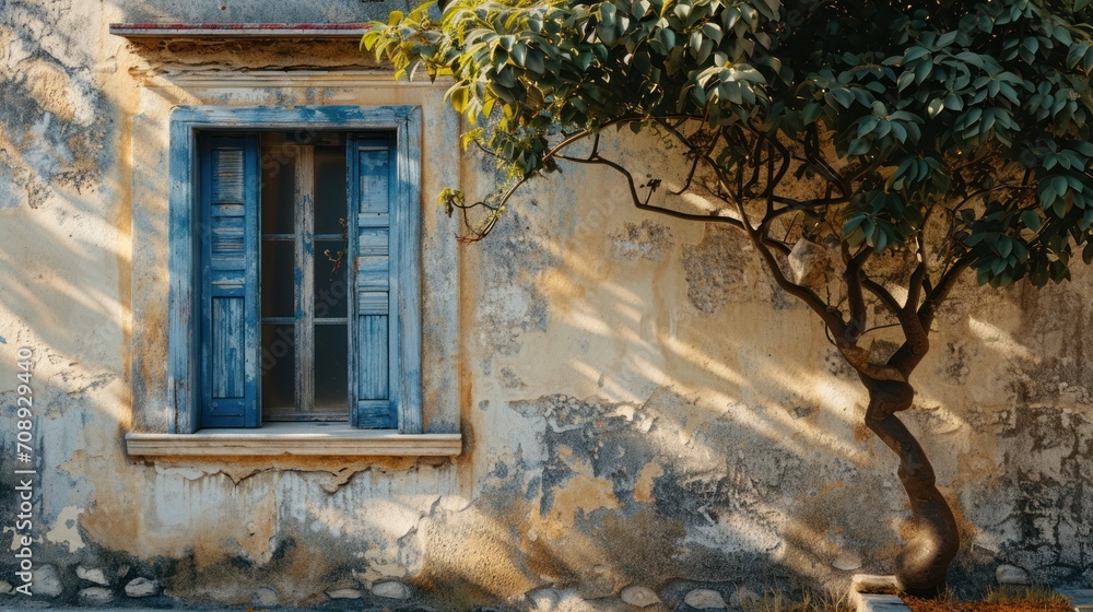 Poster a tree in front of a building with blue shutters and a tree in front of a window with blue shutters 