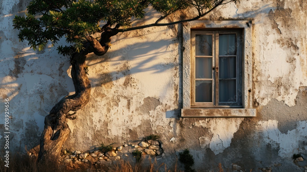 Poster a window on the side of a building with a tree growing on the side of the building and a shadow of a