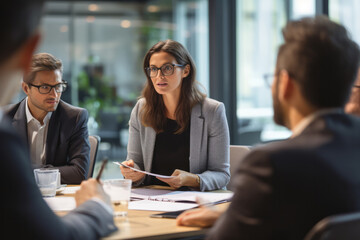 Serious businesswoman in eyeglasses listening to colleague during meeting