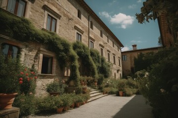 Old European buildings decorated with green plants in spring, Tuscany outdoor vintage buildings
