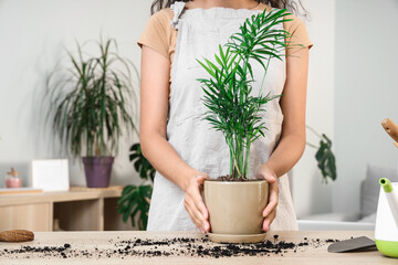 Female gardener with plant on table at home, closeup