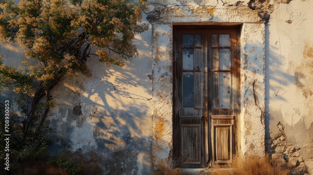 Poster a window on the side of a building with a tree casting a shadow on the wall and a tree casting a sha