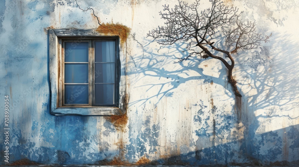 Poster a painting of a tree casting a shadow on the wall of a building with a window and a tree casting a s