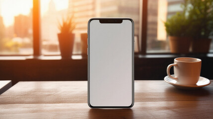 Mockup image of smartphone with blank white screen on wooden table in cafe