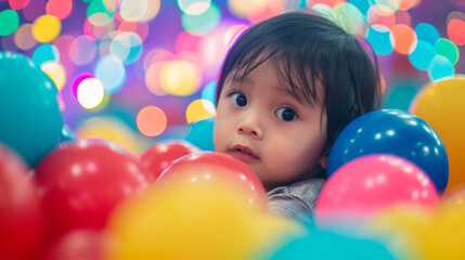 Fototapeta na wymiar Toddler Among Colourful Balls. Baby with wide eyes surrounded by colourful balls.