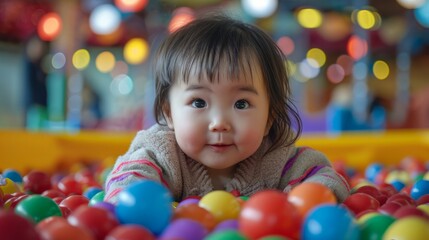 Fototapeta na wymiar Happy Baby in a Sea of Balls. Smiling baby enjoying time in a ball pit.