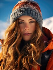 woman snowboarding on ski slopes, in sportive winter clothing