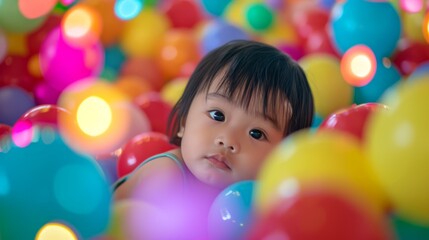 Fototapeta na wymiar Pensive Child in Ball Pit. Child contemplative among colourful balls.