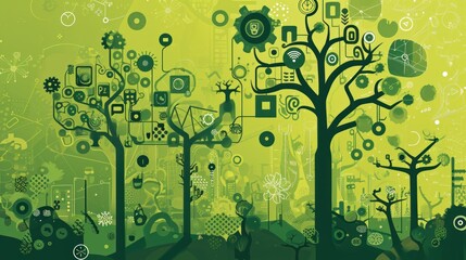  a painting of a tree with a lot of circles and circles on it's branches, and a person standing in front of a tree with a phone in the foreground.
