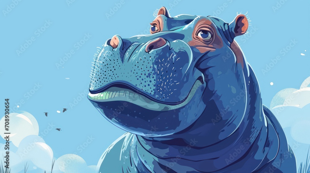 Poster a close up of a hippopotamus in a field of grass with birds in the sky in the background and a blue 