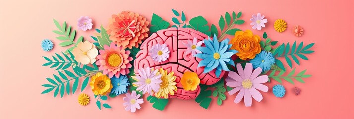paper cut card Human brain with spring colorful flowers.  World Mental Health day Concept of mental health, self care, happiness, harmony, positive thinking, creative mind