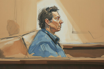 An artist impression sketch of a person on trial in a courtroom - obrazy, fototapety, plakaty