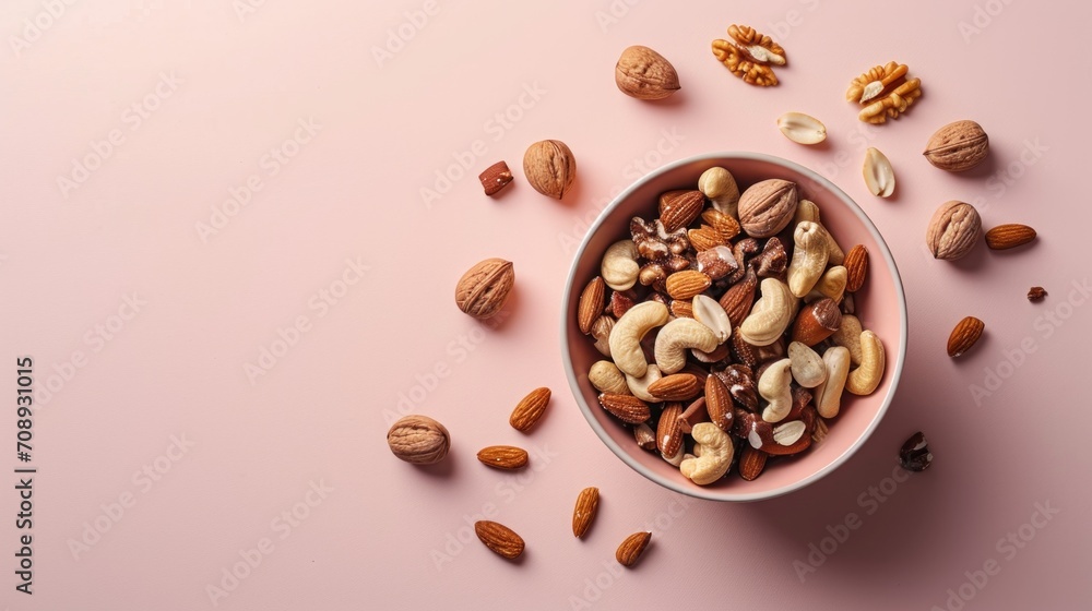 Poster a bowl filled with nuts sitting on top of a pink surface next to a pair of scissors and a pair of sc