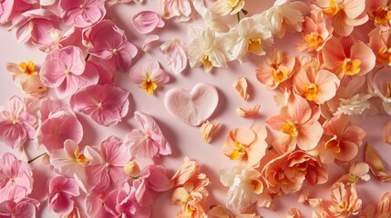  a bunch of pink and white flowers with a heart shaped object in the middle of the petals on a pink background with a white heart shaped object in the middle.