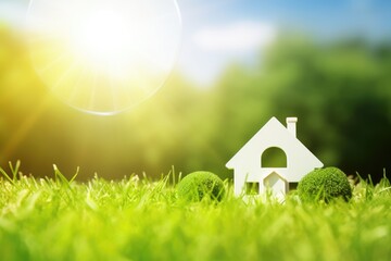 Green home icon on a green lawn with sun shining copy space. Environmentally friendly construction - obrazy, fototapety, plakaty