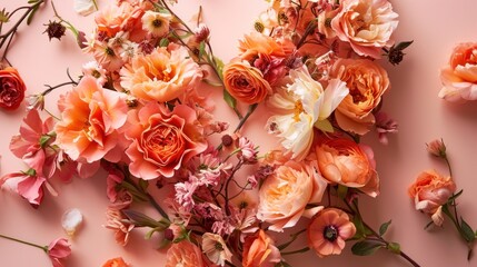  a close up of a bunch of flowers on a pink background with lots of pink and orange flowers on the bottom of the picture and bottom half of the flowers on the bottom half of the frame.