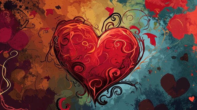  a painting of a red heart with swirls and swirls on a blue, red, orange, and yellow background with swirls and dots in the shape of the shape of a heart.