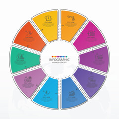 Basic circle infographic with 10 steps, process or options.