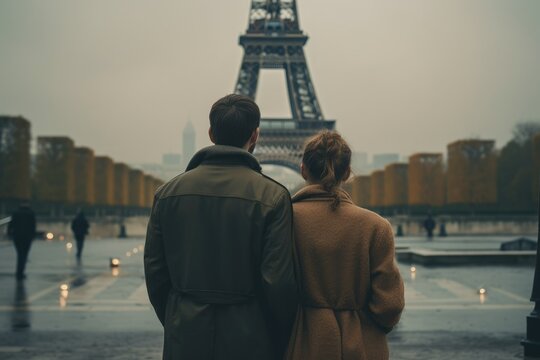 Rear view of couple looking at the scenery in front of Eiffel Tower, rear view of couple traveling in Paris, faceless couple travel stock photo