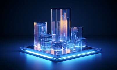 Holo blue concept 3d rendering maquette miniature model of small skyscraper building in real estate agency. futuristic business. Generative Ai