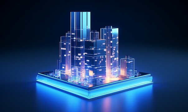 Holo blue concept 3d rendering maquette miniature model of small skyscraper building in real estate agency. futuristic business. Generative Ai