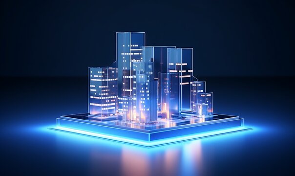 Holo blue concept 3d rendering maquette miniature model of small skyscraper building in real estate agency. futuristic business. Generative Ai
