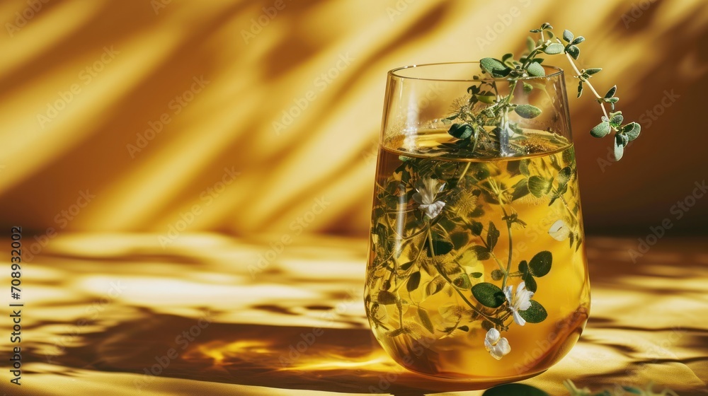 Poster a close up of a glass of water with a plant in it and a shadow of a wall behind it on a table with a