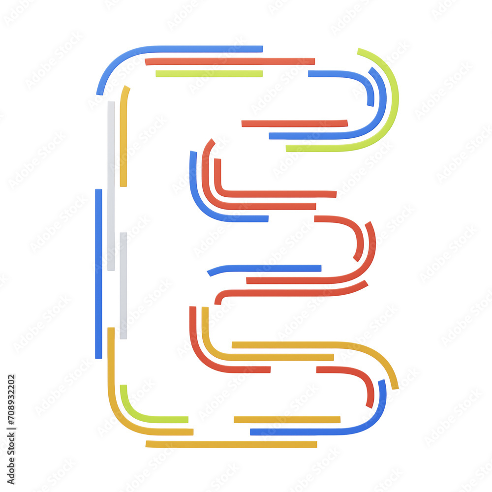Fototapete e letter 3d shape stripes text. 3d illustration, 3d element, 3d rendering. 3d visualization isolated