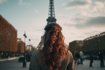 Rear view of woman looking at scenery in front of Eiffel Tower, rear view of woman traveling in Paris, faceless travel stock photo