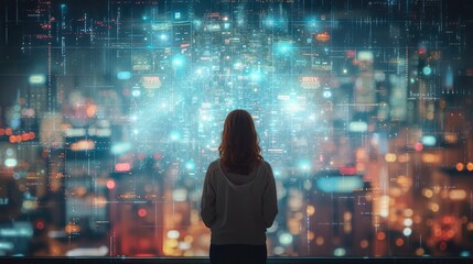 A woman is looking at a huge hi tech poster. Generative AI.