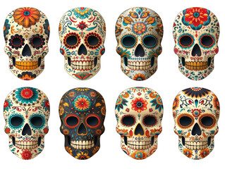 Cinco de Mayo Sugar Skull Set Isolated on Transparent or White Background, PNG