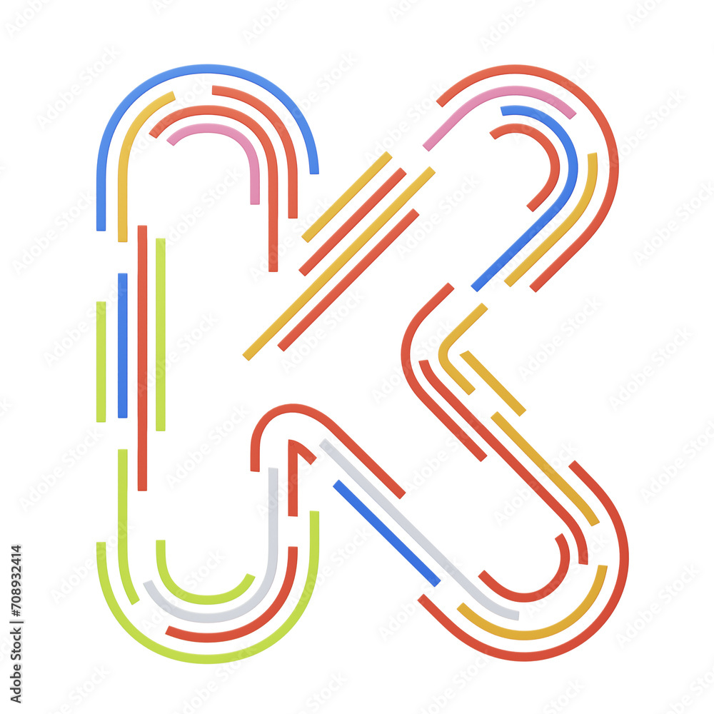 Poster k letter 3d shape stripes text. 3d illustration, 3d element, 3d rendering. 3d visualization isolated