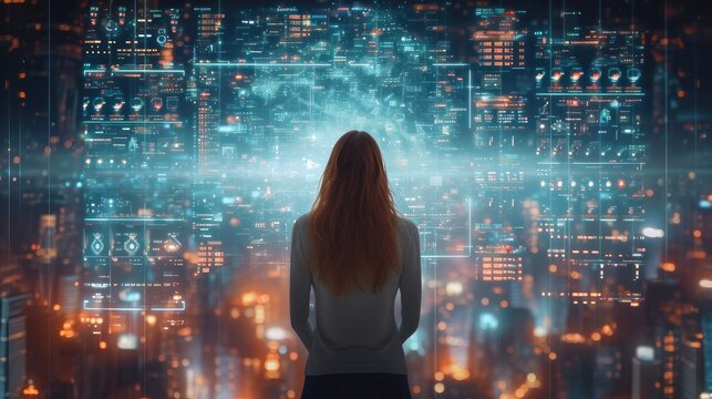 A woman is looking at a huge hi tech poster. Generative AI.