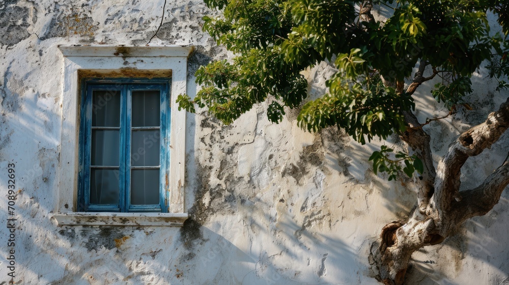 Poster an old building with a blue window and a tree in front of it and a shadow of a tree on the side of t
