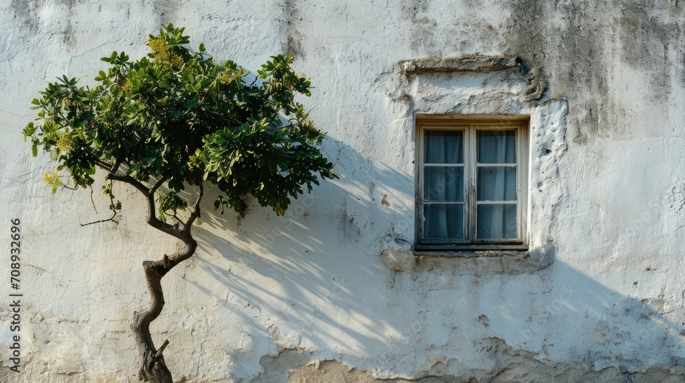 Poster a tree in front of a white stucco wall with a window and a small tree in front of a window with a bl