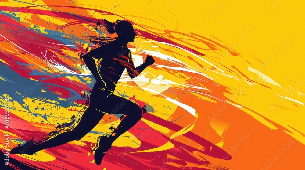 Poster a painting of a person running on a yellow and red background with a splash of paint on the bottom h