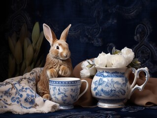  a rabbit sitting on top of a table next to two tea cups and a vase filled with flowers on top of a blue and white table cloth covered table cloth.