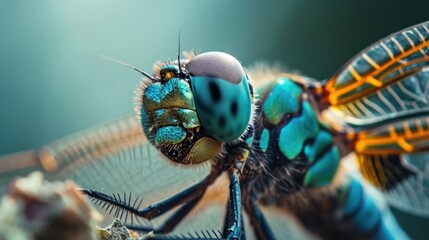  a close up of a blue dragonfly sitting on top of a piece of wood with it's eyes closed and head tilted to the side of the dragonfly. - obrazy, fototapety, plakaty