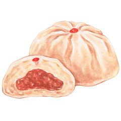 bbq pork buns, watercolor asian food design