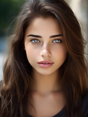 Naklejka premium Beautiful young italian girl with green eyes and long dark hair. Close-up portrait 