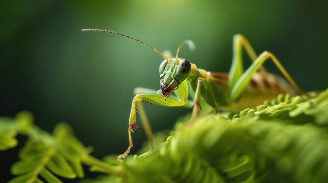  a close up of a grasshopper on a green leafy plant with a blurry background of leaves and a blurry image of the grasshopper is in the foreground of the foreground.