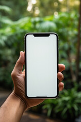 Male hand holding smartphone with white screen in the park, mockup