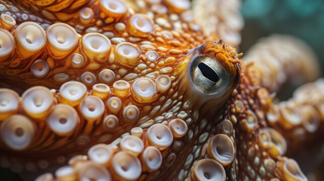  a close up of an octopus's eye with a blurry image of it's head in the center of the picture, with a blurry background of another octopus's body in the foreground.