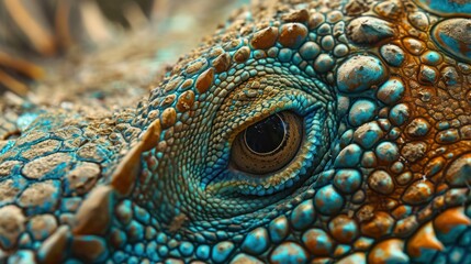 Fototapeta premium a close up view of the eye of a green and yellow iguana, looking straight into the camera lens, with a blurry background of the body of the lizard's head.