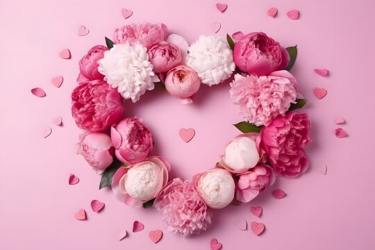 Women's Day concept. Top view photo of white circle pink peony rose and heart shaped sprinkles on isolated pastel pink background with copy space